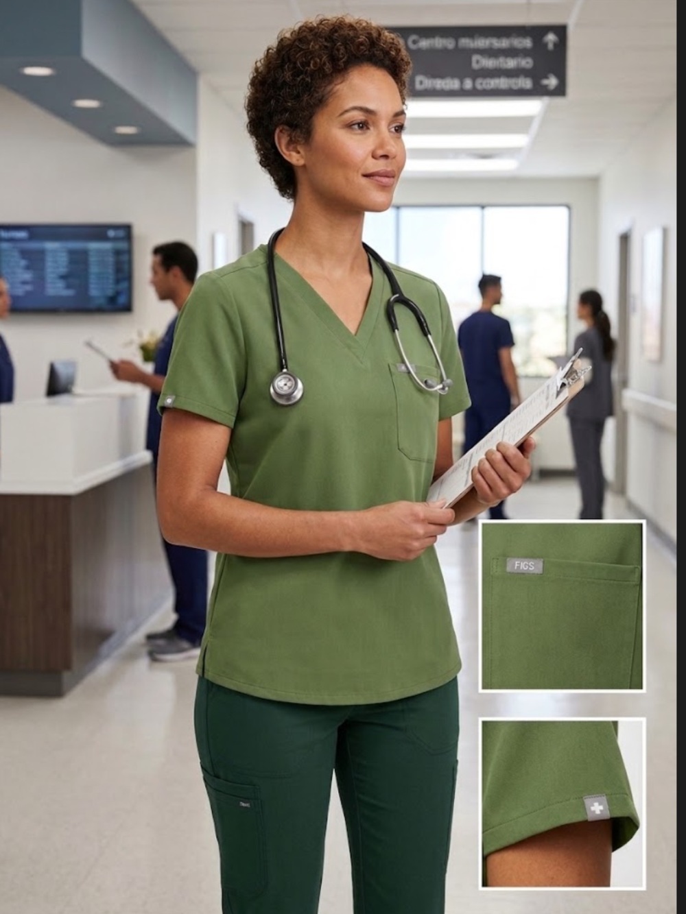 Figs Olive Green V-Neck Scrub Top